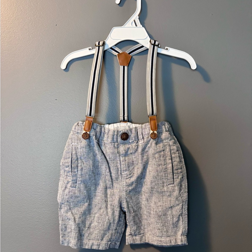 Primark Light Blue Linen-Blend Shorts with Navy-Trim Striped Suspenders